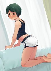 Rule 34 | 1girl, barefoot, black eyes, black hair, black tank top, curtains, dolphin shorts, dutch angle, feet out of frame, from behind, highres, kantai collection, kneeling, mogami (kancolle), short hair, shorts, smile, solo, swept bangs, tank top, tooku nomura (artist), white shorts