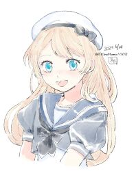 Rule 34 | 1girl, beret, blonde hair, blue eyes, blue sailor collar, dated, eto (etonomemo1008), hat, highres, jervis (kancolle), kantai collection, long hair, looking at viewer, one-hour drawing challenge, open mouth, sailor collar, short sleeves, simple background, solo, twitter username, upper body, white background, white hat