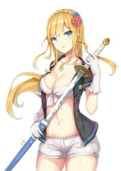 Rule 34 | 1girl, blonde hair, blue eyes, blush, breasts, character request, cleavage, collarbone, gloves, highres, holding, holding sheath, holding sword, holding weapon, large breasts, long hair, looking at viewer, navel, parted lips, sheath, solo, sword, unsheathing, warship girls r, weapon, white gloves, zhudacaimiao