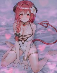Rule 34 | 1girl, barefoot, black hair, blush, bracelet, braid, breasts, brooch, cleavage, covered navel, cross-laced clothes, cross-laced one-piece swimsuit, flower, frilled one-piece swimsuit, frills, hair flower, hair ornament, heart, heart tail, horns, io (princess connect!), io (summer) (princess connect!), jewelry, large breasts, long hair, looking at viewer, necklace, one-piece swimsuit, princess connect!, red eyes, red hair, simple background, sitting, solo, sonchi, swimsuit, tail, thighlet, wariza