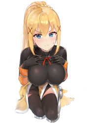 Rule 34 | 10s, 1girl, absurdres, ameyame, armor, armored boots, bad id, bad pixiv id, black bodysuit, black gloves, black thighhighs, blonde hair, blue eyes, blush, bodysuit, boots, breasts, covered erect nipples, darkness (konosuba), gloves, hair ornament, hair ribbon, hands on own chest, highres, kono subarashii sekai ni shukufuku wo!, large breasts, looking at viewer, ponytail, ribbon, seiza, shirt, sitting, skirt, solo, sweat, thighhighs, x hair ornament, zettai ryouiki