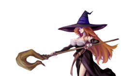 Rule 34 | 1girl, bad id, bad pixiv id, bare shoulders, breasts, brown hair, detached sleeves, dragon&#039;s crown, dress, female focus, hat, highres, large breasts, long hair, nagihito, side slit, solo, sorceress (dragon&#039;s crown), staff, strapless, strapless dress, vanillaware, white background, witch hat