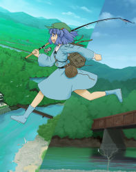 Rule 34 | 1girl, architecture, backpack, bag, bird, blue eyes, blue hair, blue sky, boots, bridge, day, east asian architecture, female focus, fishing rod, forest, full body, green hat, hat, highres, kawashiro nitori, kuro oolong, landscape, matching hair/eyes, mountain, nature, outdoors, plant, profile, randoseru, river, running, scenery, short hair, sky, solo, touhou, tree, two side up