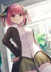Rule 34 | 1girl, :/, black cardigan, black ribbon, blue eyes, blunt bangs, blush, breasts, building, butterfly hair ornament, cardigan, closed mouth, collared shirt, commentary request, cowboy shot, day, go-toubun no hanayome, green skirt, hair ornament, hair ribbon, hand on own hip, large breasts, long sleeves, looking at viewer, nakano nino, nanase (nns 6077), open cardigan, open clothes, pillar, pink hair, pleated skirt, ribbon, shirt, sidelocks, skirt, solo, standing, thighhighs, tree, two side up, white shirt, white thighhighs, window, zettai ryouiki