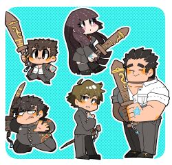 Rule 34 | 1girl, 4boys, bandaid, bandaid on face, bandaid on nose, bara, black hair, blue background, border, brown eyes, brown hair, chibi, closed mouth, collared shirt, full body, gakuran, hand tattoo, hand up, highres, holding, holding sword, holding weapon, jacket, long hair, magatama, minamo retasu, multiple boys, open clothes, open jacket, outline, outside border, parted lips, polka dot, polka dot background, protagonist 1 (housamo), protagonist 2 (housamo), protagonist 3 (housamo), protagonist 4 (housamo), rounded corners, school uniform, shirt, short hair, sideburns, size difference, skirt, smile, star tattoo, sword, tattoo, thick eyebrows, thighhighs, tokyo houkago summoners, tongue, tongue out, weapon, white border, white outline