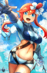 Rule 34 | 1girl, :d, belt, blue belt, blue eyes, blue gloves, blue jacket, blue shorts, blue sky, breasts, cloud, commentary request, cowboy shot, creatures (company), day, elbow gloves, eyebrows hidden by hair, game freak, gen 5 pokemon, gloves, groin, gym leader, hair between eyes, hair ornament, hatano kiyoshi, jacket, large breasts, long sleeves, looking at viewer, midriff, navel, nintendo, one side up, open mouth, outstretched arm, pilot suit, pokemon, pokemon (creature), pokemon bw, pouch, red hair, short shorts, shorts, sidelocks, sky, skyla (pokemon), smile, solo focus, standing, swanna, swoobat, teeth, thigh pouch, unfezant, unfezant (female), upper teeth only