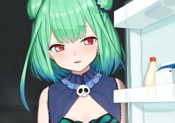 Rule 34 | 1girl, blue hair, colored eyelashes, commentary request, detached sleeves, double-parted bangs, double bun, dress, earrings, eyelashes, flat chest, gradient hair, green dress, green hair, green sleeves, hair bun, highres, hololive, indoors, jewelry, kuro (zhurunbo1997), looking at viewer, mayonnaise bottle, multicolored hair, open mouth, parted lips, red eyes, refrigerator, refrigerator interior, skull earrings, sleeveless, sleeveless dress, solo, tile wall, tiles, two-tone hair, uruha rushia, uruha rushia (1st costume), virtual youtuber