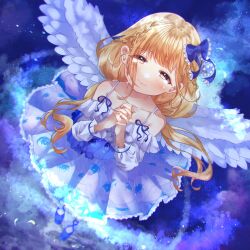 Rule 34 | 1girl, bare shoulders, blonde hair, blue bow, blue dress, blush, bow, brown eyes, cloud, dress, feathered wings, full body, futaba anzu, hair bow, highres, idolmaster, idolmaster cinderella girls, interlocked fingers, long hair, looking at viewer, low twintails, natu 28 natu, own hands together, sky, sleeveless, sleeveless dress, smile, solo, star (sky), starry sky, twintails, white wings, wings