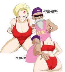 Rule 34 | 1boy, 1girl, android 18, ass, blonde hair, bra, breasts, dragon ball, dragon ball gt, highres, huge ass, huge breasts, mature female, muten roushi, old, old man, panties, short hair, sunglasses, ultivlad, underwear
