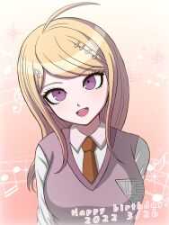 Rule 34 | 1girl, :d, ahoge, akamatsu kaede, arms at sides, blonde hair, breasts, brown necktie, collared shirt, danganronpa (series), danganronpa v3: killing harmony, dated, fortissimo, hair ornament, happy birthday, highres, large breasts, long hair, multicolored background, musical note, musical note hair ornament, necktie, open mouth, pink eyes, pink vest, shirt, smile, solo, suiren yurei, teeth, upper body, upper teeth only, vest, white shirt
