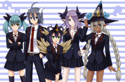 Rule 34 | 10s, 1boy, 3girls, belt, black hair, black sage charon, blouse, blue eyes, bow, bowtie, braid, breasts, cardfight!! vanguard, cleavage, crossed arms, darkness maiden macha, darkside trumpeter, elf, green eyes, green hair, hair ornament, hand in pocket, hand on own hip, hat, horns, jacket, long hair, looking at viewer, miniskirt, moonlight witch vaha, multiple girls, necktie, pants, pointy ears, purple hair, ribbon, school uniform, shadow paladin, shirt, short hair, skirt, skull witch nemain, socks, thighhighs, twintails, white hair, wings, witch hat, yellow eyes