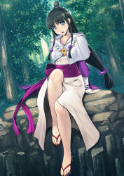 Rule 34 | 1girl, :o, ace attorney, bad id, bad pixiv id, bare legs, black hair, blue eyes, blunt bangs, blush, collarbone, eyebrows, feet, forest, hair bobbles, hair bun, hair ornament, head tilt, highres, japanese clothes, jewelry, kimono, knee up, long hair, looking at viewer, low-tied long hair, low ponytail, magatama, mahito, maya fey, nail polish, nature, necklace, no socks, open mouth, outdoors, pendant, phoenix wright: ace attorney - spirit of justice, plant, rock, sandals, sash, sidelocks, single hair bun, sitting, solo, toenail polish, toenails, toes, tree, very long hair
