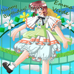 Rule 34 | 1girl, apron, aqua eyes, artist name, artist request, back bow, bare legs, black bow, black bowtie, black footwear, blue eyes, blue sky, blush, bobby socks, bow, bowtie, braid, breasts, brooch, brown hair, buttons, cloud, collared dress, day, dress, drill hair, emma verde, female focus, flower, freckles, frilled dress, frills, green apron, green bow, hair between eyes, hair flower, hair ornament, hat, hat on back, highres, iinaoushi, jewelry, la bella patria, long hair, looking at viewer, love live!, love live! nijigasaki high school idol club, love live! school idol festival, low twintails, outdoors, outstretched arms, parted lips, plaid, plaid dress, puffy shorts, red hair, sash, shoes, short hair, short sleeves, shorts, skirt, sky, small breasts, smile, socks, solo, standing, standing on one leg, sun hat, tareme, twin braids, twin drills, twintails, two-tone dress, white dress, white flower, white skirt, wide sleeves