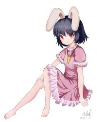 Rule 34 | 1girl, :3, absurdres, animal ears, barefoot, black hair, blush, breasts, carrot necklace, closed mouth, commentary, dated, dress, floppy ears, frilled dress, frilled sleeves, frills, full body, highres, inaba tewi, jewelry, looking at viewer, necklace, pink dress, rabbit ears, rabbit girl, red eyes, short hair, signature, simple background, small breasts, smile, solo, touhou, wavy hair, white background, zyryab