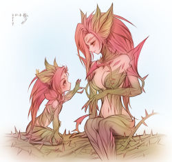 Rule 34 | 2girls, aged down, bebseo, boots, breasts, child, cleavage, dated, dual persona, highres, league of legends, long hair, medium breasts, monster girl, multiple girls, pink hair, plant, plant girl, red hair, shoes, simple background, thigh boots, thighhighs, thorns, vines, wearing plant, white background, yellow eyes, zyra