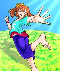 Rule 34 | 1girl, ;), absurdres, aqua shirt, arcadia gwsns, artist name, artist request, bare shoulders, blue eyes, blue pants, blue sky, blush, bow, breasts, clenched hand, cloud, collarbone, day, feet, female focus, floating hair, from behind, hair between eyes, highres, kosaka honoka, looking at viewer, looking back, love live!, love live! school idol festival, love live! school idol project, one eye closed, orange hair, outdoors, pants, parted lips, pink wristband, ponytail, reaching, reaching towards viewer, red shirt, red wristband, scrunchie, shirt, short hair, short ponytail, side ponytail, sky, small breasts, smile, solo, undershirt, wink, wristband, yellow bow, yellow scrunchie