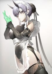 Rule 34 | 1girl, adjusting clothes, adjusting gloves, apron, bare shoulders, black gloves, black leotard, black thighhighs, breasts, closed mouth, commentary request, dutch angle, elbow gloves, frilled apron, frills, garter belt, gloves, green gloves, grey background, hair bun, hair net, hands up, highres, horns, izuru (timbermetal), large breasts, leotard, looking at viewer, maid headdress, original, purple eyes, purple hair, rubber gloves, see-through, single hair bun, solo, thighhighs, v-shaped eyebrows, waist apron, white apron