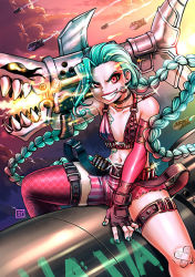 Rule 34 | 1girl, aqua hair, bandolier, braid, bullet, fingerless gloves, flat chest, gloves, grenade pin, grin, jewelry, jinx (league of legends), kenron toqueen, league of legends, lips, long hair, mouth hold, necklace, pink eyes, rocket, rocket launcher, shorts, single thighhigh, smile, solo, straddling, tattoo, thighhighs, twin braids, very long hair, weapon