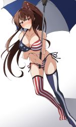 Rule 34 | 1girl, american flag bikini, american flag print, asymmetrical legwear, bikini, breasts, brown hair, cherry blossoms, collarbone, commentary request, flag print, flower, full body, hair flower, hair ornament, highres, kantai collection, large breasts, leaning forward, long hair, looking at viewer, mismatched legwear, nel-c, ponytail, print bikini, red eyes, side-tie bikini bottom, simple background, solo, standing, striped clothes, striped thighhighs, swimsuit, thighhighs, umbrella, uneven legwear, vertical-striped clothes, vertical-striped thighhighs, white background, yamato (kancolle)
