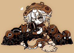 Rule 34 | 1girl, :3, :d, blush, bondrewd, boots, brown background, capelet, character doll, chibi, dress, gloves, heart, looking at viewer, made in abyss, meinya (made in abyss), monochrome, one eye closed, open mouth, pouch, prushka, sakurazawa izumi, sepia, short hair, simple background, sitting, smile, solo