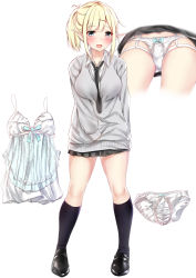Rule 34 | 1girl, babydoll, blonde hair, blue eyes, cardigan, dress shirt, elf, fang, hair ornament, hairclip, highres, loafers, long hair, looking at viewer, multiple views, necktie, open mouth, original, panties, pikacchi, pointy ears, ponytail, school uniform, shirt, shoes, skirt, smile, thighs, underwear, uniform, white panties