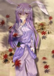 Rule 34 | 1girl, animal ears, asuzemu, bad hands, dango, artistic error, extra digits, food, highres, japanese clothes, kimono, leaf, long hair, long sleeves, looking at viewer, purple hair, rabbit ears, red eyes, reisen udongein inaba, solo, touhou, wagashi