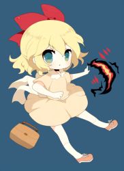 Rule 34 | 1girl, bag, blonde hair, blue background, blue eyes, bow, hair bow, haru (kyou), large bow, looking at viewer, mother (game), mother 2, nintendo, parted lips, paula (mother 2), shirt, short hair, simple background, skirt, skirt set, socks, solo, white socks