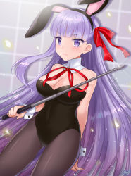 Rule 34 | 10s, 1girl, angry, animal ears, bare shoulders, bb (fate), bb (fate/extra), black leotard, breasts, cleavage, detached collar, fake animal ears, fate/extra, fate/extra ccc, fate (series), hair ribbon, large breasts, leotard, long hair, looking at viewer, naomi (fantasia), pantyhose, playboy bunny, purple eyes, purple hair, rabbit ears, rabbit tail, red ribbon, ribbon, solo, strapless, strapless leotard, tail, very long hair, wrist cuffs