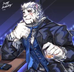 Rule 34 | 1boy, alternate costume, animal ears, arknights, bara, black suit, blue necktie, blush, contemporary, cup, elbow rest, formal, furry, furry male, graysheartart, highres, holding, holding cup, male focus, mountain (arknights), muscular, muscular male, necktie, one eye closed, partially unbuttoned, pectoral cleavage, pectorals, scar, scar across eye, scar on face, short hair, smile, solo, suit, thick eyebrows, tiger boy, tiger ears, upper body, white fur, white hair