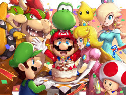 Rule 34 | 2girls, 5boys, :d, ?, anniversary, aqua dress, blonde hair, blue eyes, blue overalls, bottle, bowser, bowser jr., breasts, brown hair, cake, crown, detergent, dress, earrings, facial hair, father and son, food, gonzarez, green headwear, hand on own chin, highres, jewelry, luigi, luma (mario), mario, mario (series), medium breasts, multiple boys, multiple girls, mustache, nintendo, open mouth, overalls, paper mario, paper mario 64, pink dress, princess peach, red headwear, rosalina, smile, super mario 64, super mario galaxy, super mario sunshine, toad (mario), twitter username, yoshi