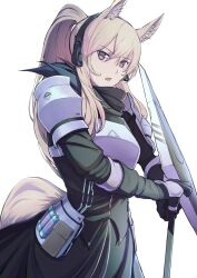 Rule 34 | 1girl, absurdres, animal ear fluff, animal ears, arknights, armor, bandana, black gloves, black shirt, black skirt, blonde hair, breastplate, gloves, headphones, highres, kanpiro, long hair, long sleeves, looking at viewer, microphone, nearl (arknights), open mouth, ponytail, pouch, shield, shirt, shoulder armor, skirt, solo, tail, upper body, white background, yellow eyes