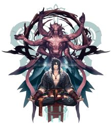 Rule 34 | alpha transparency, artist request, belzebuth, black hair, chaos online, closed eyes, extra arms, highres, indian style, jewelry, long hair, looking at viewer, male focus, meditation, mudra, muscular, necklace, official art, seigaiha, sitting, solo, stirrup legwear, toeless legwear, topless male, transparent background, vitarka mudra