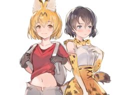 Rule 34 | 10s, 2girls, animal ears, backpack, bad id, bad twitter id, bag, black gloves, black hair, blonde hair, blouse, blue eyes, blush, bow, bowtie, cosplay, costume switch, elbow gloves, gloves, hand on own chest, kaban (kemono friends), kaban (kemono friends) (cosplay), kemono friends, looking at viewer, multiple girls, navel, pants, pepeto (cocoyuzumugi), print bow, print bowtie, red shirt, serval (kemono friends), serval (kemono friends) (cosplay), serval print, serval tail, shirt, short hair, skirt, sleeveless, sleeveless shirt, smile, sweatdrop, tail, white shirt, yellow eyes