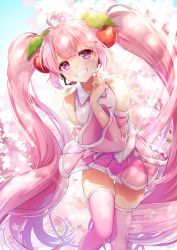 Rule 34 | 1girl, ahoge, cherry blossoms, cherry hair ornament, detached sleeves, flower, food-themed hair ornament, grin, hair ornament, hatsune miku, headset, highres, kisukekun, long hair, looking at viewer, necktie, outdoors, pink eyes, pink hair, pink skirt, pink sleeves, pink theme, pink thighhighs, pleated skirt, sakura miku, shirt, skirt, sleeveless, sleeveless shirt, smile, solo, standing, thighhighs, twintails, very long hair, vocaloid, white shirt