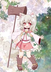 Rule 34 | 1girl, :d, animal ears, bell, boots, borrowed character, detached sleeves, fox ears, fox tail, grimorigin, hammer, ishigami akari, musical note, neko yume, open mouth, original, red eyes, silver hair, skirt, smile, solo, tail, wide sleeves, wood