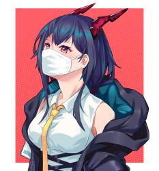 Rule 34 | 1girl, arknights, bare shoulders, black jacket, blue hair, border, breasts, ch&#039;en (arknights), commentary, horns, jacket, large breasts, long hair, looking up, mask, mouth mask, necktie, nnnnoiz, off shoulder, open clothes, open jacket, outside border, red background, red eyes, shirt, sleeveless, sleeveless shirt, solo, surgical mask, upper body, white border, white shirt, yellow necktie