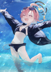 Rule 34 | 1girl, absurdres, ahoge, barefoot, bikini, black-framed eyewear, black bikini, black jacket, blue archive, blue background, breasts, chain, closed eyes, eyewear on head, fang, foot out of frame, frilled bikini, frills, halo, highres, jacket, jacket over swimsuit, kuromu (96-94), long sleeves, mole, mole under eye, nail polish, neru (blue archive), neru (swimsuit) (blue archive), open mouth, outstretched arms, pink hair, sky, small breasts, smile, solo, splashing, spread arms, summer, swimsuit, toenail polish, toenails, wading, water