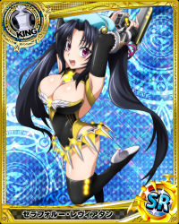 Rule 34 | 1girl, black hair, breasts, card (medium), chess piece, cleavage, high heels, high school dxd, large breasts, official art, open mouth, purple eyes, serafall leviathan, thighhighs, twintails