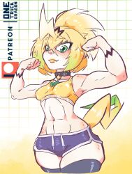 Rule 34 | 1girl, blush, digimon, fang, female focus, highres, muscular, muscular female, personification, pulsemon, solo, tail