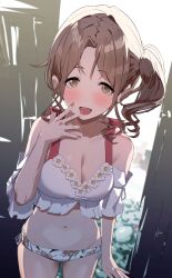 Rule 34 | 1girl, absurdres, bare shoulders, bikini, breasts, brown eyes, brown hair, cleavage, commentary request, dutch angle, highres, ichikawa hinana, idolmaster, idolmaster shiny colors, large breasts, long hair, looking at viewer, navel, orange nails, parted bangs, side ponytail, solo, swimsuit, uouokuma