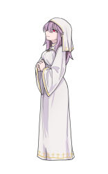 Rule 34 | 1girl, black souls, breasts, catherine (black souls), closed mouth, dress, full body, gold trim, hands up, highres, large breasts, long hair, long sleeves, looking up, own hands clasped, own hands together, pink eyes, purple hair, rabbit king, simple background, solo, white background, white dress, white veil, wide sleeves