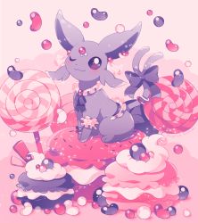 Rule 34 | black bow, black ribbon, blush, bow, candy, closed mouth, commentary request, creature, creatures (company), espeon, food, food focus, forked tail, game freak, gen 2 pokemon, highres, looking at viewer, macaron, mugita konomi, nintendo, no humans, one eye closed, pokemon, pokemon (creature), ribbon, smile, solo, tail