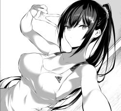 Rule 34 | 1girl, adidas, armpits, bare arms, bare shoulders, brand name imitation, breasts, closed mouth, collarbone, commentary request, greyscale, hair between eyes, hair ornament, hair scrunchie, haite kudasai takamine-san, hiiragi yuuichi, large breasts, long hair, looking at viewer, monochrome, original, ponytail, product placement, reaching, reaching towards viewer, scrunchie, selfie, sidelocks, simple background, sleeveless, solo, sportswear, takamine takane, tank top, upper body, v