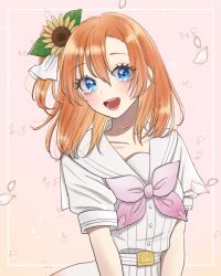 Rule 34 | 1girl, a song for you! you? you!, artist request, belt buckle, blue eyes, blush, buckle, character name, collarbone, commentary, dated, english text, female focus, flower, hair between eyes, hair flower, hair ornament, highres, kosaka honoka, looking at viewer, love live!, love live! school idol project, medium hair, one side up, orange hair, petals, sein 025, short hair, short sleeves, smile, solo, sunflower, sunflower hair ornament, upper body