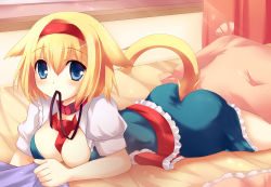 Rule 34 | 1girl, alice margatroid, animal ears, ass, bed, between breasts, blonde hair, blue eyes, breasts, cat ears, cat girl, cat tail, cleavage, collar, dress, female focus, frills, hair ornament, hairband, kemonomimi mode, leash, looking at viewer, lying, medium breasts, mikurun (otome no hanikami), mouth hold, on bed, on stomach, pillow, ribbon, short hair, solo, tail, touhou