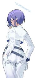 Rule 34 | 1girl, aoi (blue archive), ass, blue archive, blue hair, embarrassed, gloves, halo, hand on own hip, long sleeves, pointy ears, shirt, short hair, white gloves, white shirt, zi se