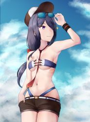 Rule 34 | 1girl, ariake (kancolle), baseball cap, bikini, black wristband, blue sky, breasts, brown shorts, cloud, commentary request, cowboy shot, eyewear on head, hair over one eye, hand in pocket, hat, highres, kantai collection, long hair, looking to the side, necktie, purple bikini, purple eyes, purple hair, red necktie, short shorts, shorts, sky, small breasts, solo, sugamo (rainysnowy108), sunglasses on head, swimsuit