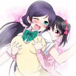 Rule 34 | 2girls, :i, aqua eyes, black hair, blush, bow, bowtie, grabbing another&#039;s breast, breasts, cardigan, commentary, grabbing, grabbing from behind, green bow, heart, heart background, highres, large breasts, long hair, love live!, love live! school idol project, low twintails, lower teeth only, multiple girls, one eye closed, open mouth, otonokizaka school uniform, pink background, pink cardigan, purple hair, raised eyebrows, red eyes, school uniform, shirt, short hair, short sleeves, short twintails, signature, single bang, striped, striped bow, summer uniform, surprised, tearing up, teeth, tojo nozomi, twintails, upper teeth only, v-shaped eyebrows, vest, white shirt, wince, yazawa nico, yellow vest, zero-theme