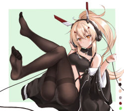 Rule 34 | 1girl, adjusting headphones, ass, ayanami (azur lane), ayanami (rock &#039;n&#039; demon) (azur lane), ayanami (rock &#039;n&#039; demon) (azur lane), azur lane, bare shoulders, black coat, black pantyhose, blonde hair, blush, budesonide, coat, color guide, commentary request, crop top, expressionless, feet, feet up, full body, hair between eyes, hands up, headgear, headphones, highres, knees together feet apart, leg up, legs, long hair, looking at viewer, midriff, no pants, no shoes, off shoulder, panties, panties under pantyhose, pantyhose, ponytail, red eyes, retrofit (azur lane), solo, thighs, underwear, very long hair, white panties, wide sleeves