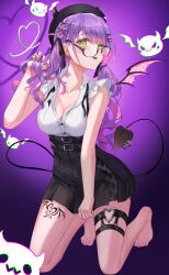 Rule 34 | 1girl, absurdres, bandaid, bandaid on neck, barefoot, beret, black hat, black ribbon, black skirt, blush, braid, breasts, cleavage, demon tail, demon wings, ear piercing, earrings, eyelashes, fang, feet, frilled sleeves, frills, full body, glasses, gradient background, green eyes, hair ornament, hair ribbon, hand up, hat, high-waist skirt, highres, hololive, jewelry, kneeling, large breasts, leg tattoo, legs, long hair, looking at viewer, miniskirt, multicolored hair, myudi ariel, nail polish, neck ribbon, official alternate costume, on ground, parted bangs, partially unbuttoned, piercing, pink hair, pink nails, pleated skirt, purple-framed eyewear, purple background, purple hair, ribbon, shadow, shiny skin, shirt, short sleeves, sidelocks, skirt, solo, streaked hair, swept bangs, tail, tail ornament, tail piercing, tattoo, thighs, toenail polish, toenails, toes, tokoyami towa, tokoyami towa (jirai kei), tongue, tongue out, twintails, undone neck ribbon, virtual youtuber, white shirt, wings, x hair ornament